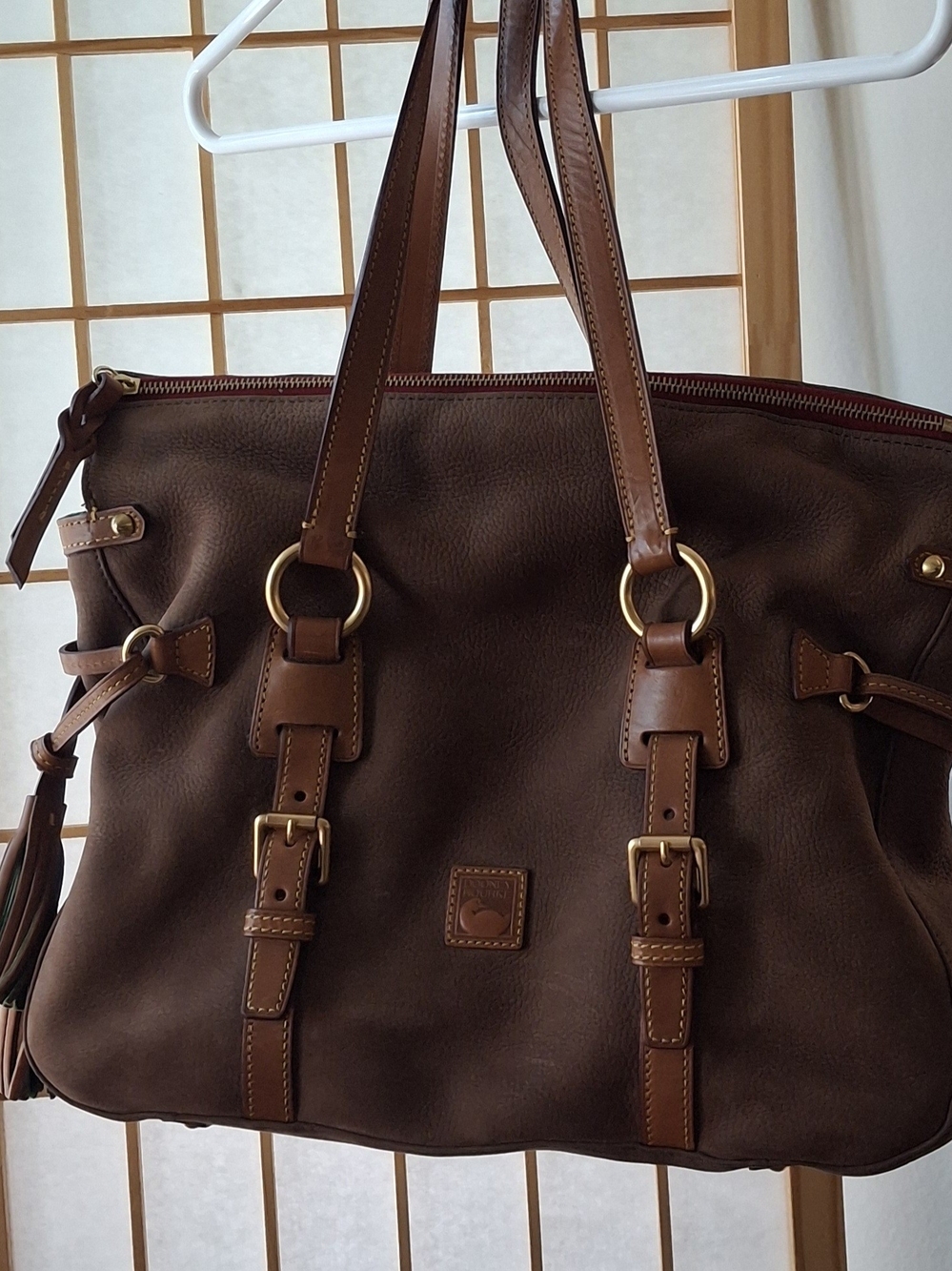 Dooney & Bourke Dark Brown Leather Shoulder Bag with Tan Trim and Gold Hardware